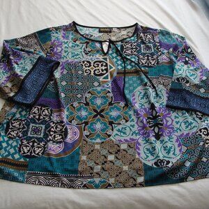 BOB MACKIE Green/Purple/Multi-Color 3/4 Sleeve SILKY Feel BLOUSE Sz 3X